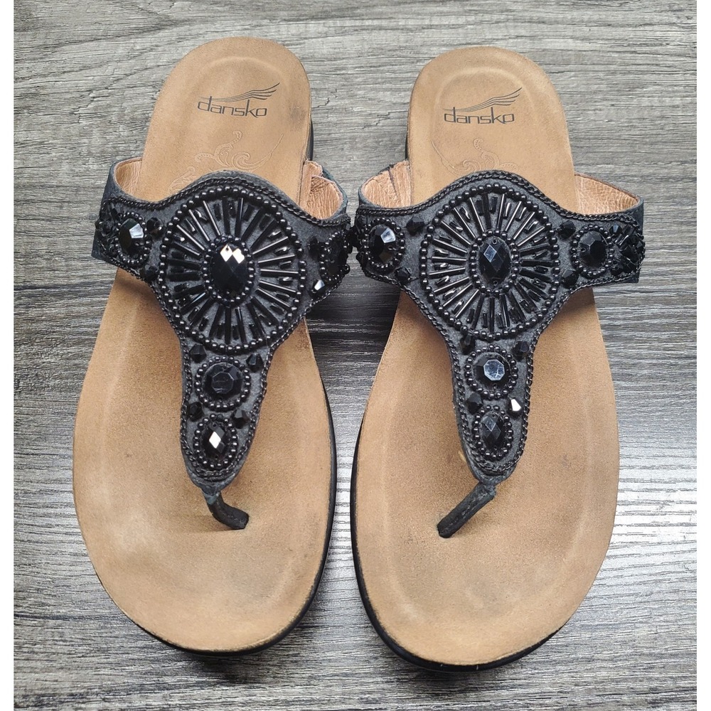 Dansko Pamela Sandals Womens 38 (7.5-8 US) Black Nubuck Leather Jeweled Thong